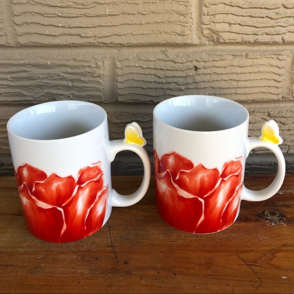 2 White Porcelain Large Coffee Mugs Orange Flower Design & Butterfly on Handle